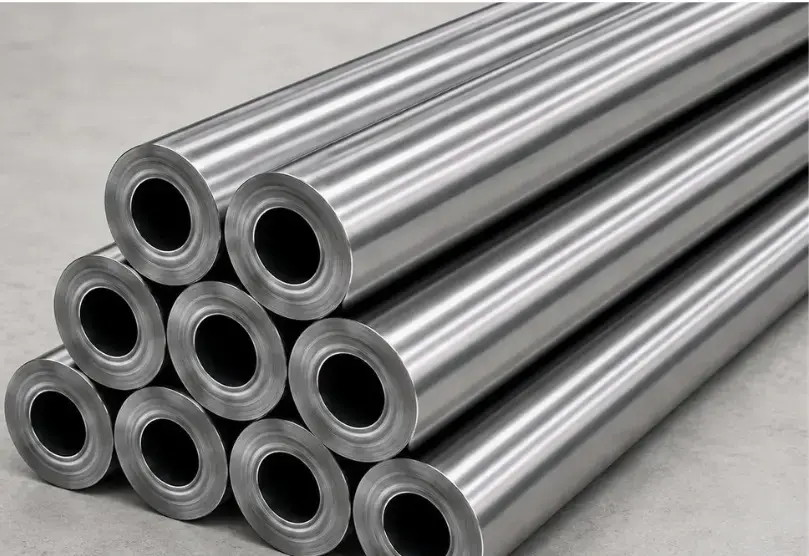 Multiple stacks and upright displays of polished 6082 aluminium circles in various diameters on a factory floor.