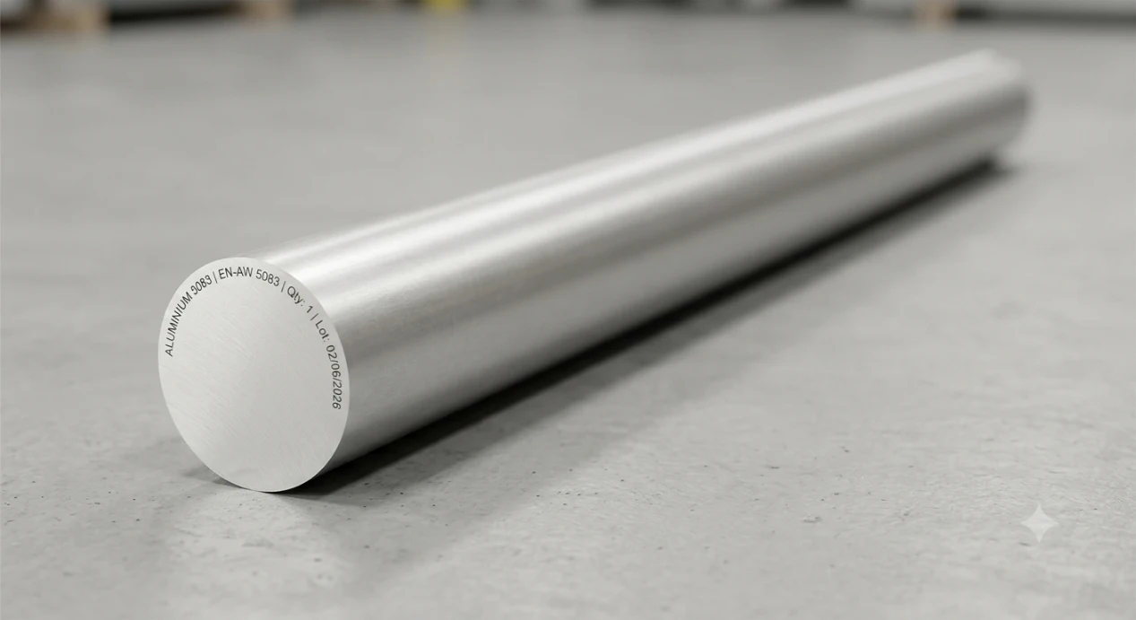 Perspective view of a smooth 5082 aluminium round bar displaying its circular cross-section and polished metallic surface