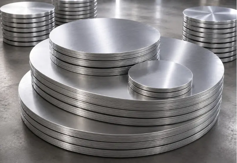 Neat piles of manufactured 5083 aluminium circles ready for industrial use.