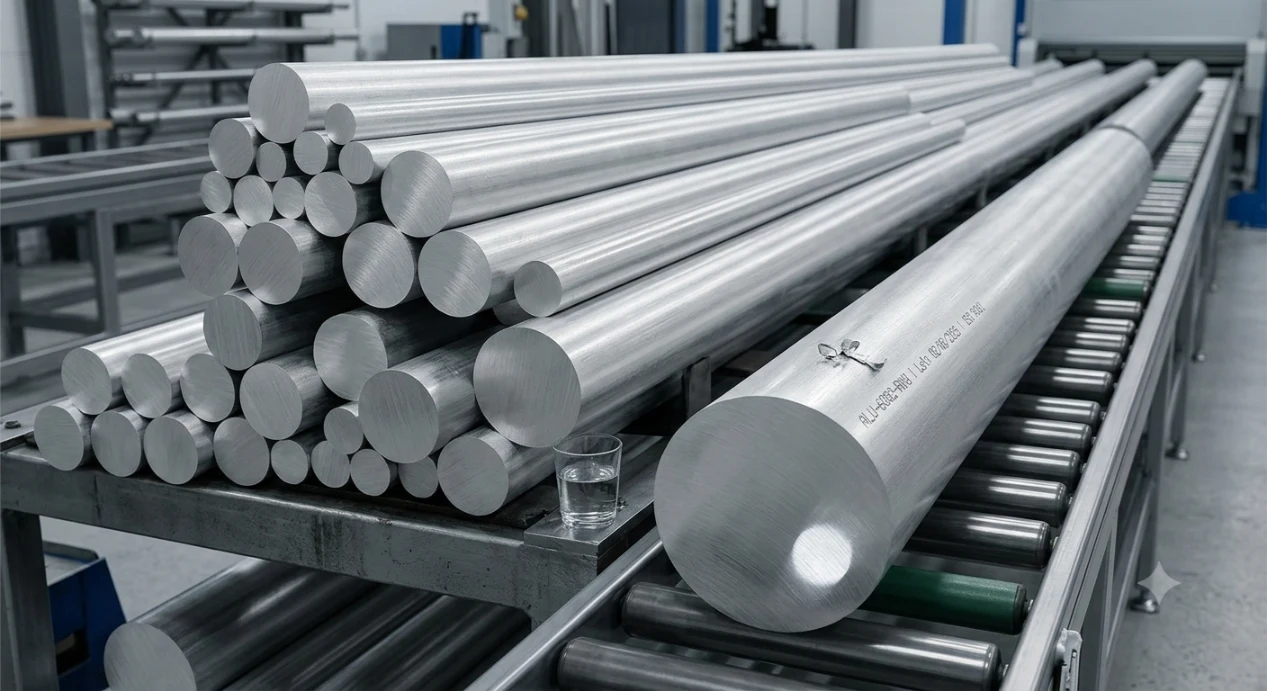 Industrial warehouse stack of 5083 aluminium round bars on a conveyor table showing circular cross-sections and smooth metallic finish