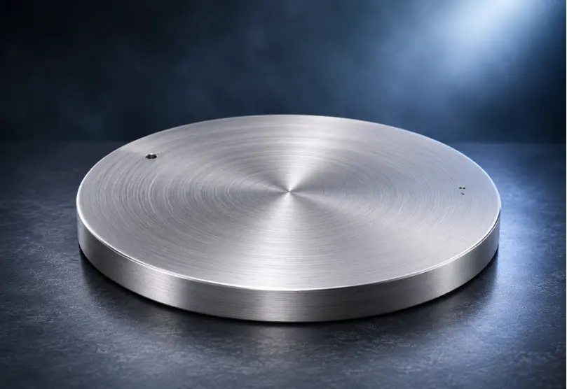 Multiple stacks and upright displays of polished 6082 aluminium circles in various diameters on a factory floor.
