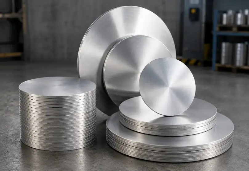 Close-up view of a single thick 6083 aluminium circle with a brushed metallic finish and pinhole detailing.