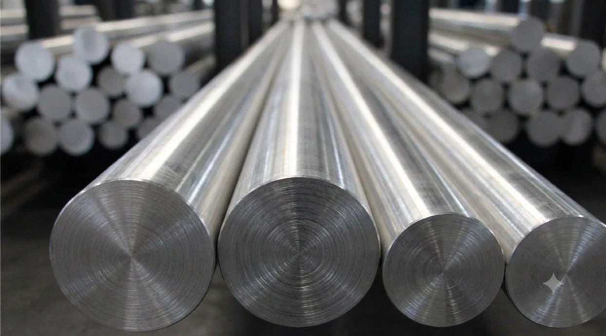 Close-up end view of stacked Aluminium 6083 round bars, showing the smooth, metallic cross-section and cylindrical forms, in an industrial setting.