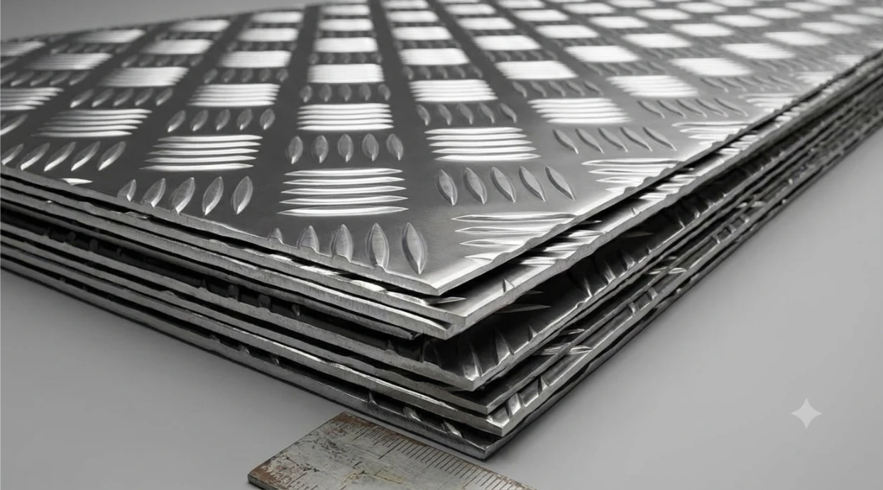 Stacked 6083 aluminium chequered plates showing side corner edge and 5-bar anti-slip tread pattern