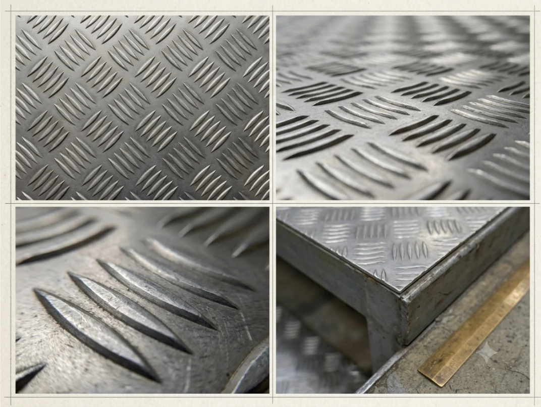 Top view of 5082 aluminium chequered plate with 5-bar tread pattern